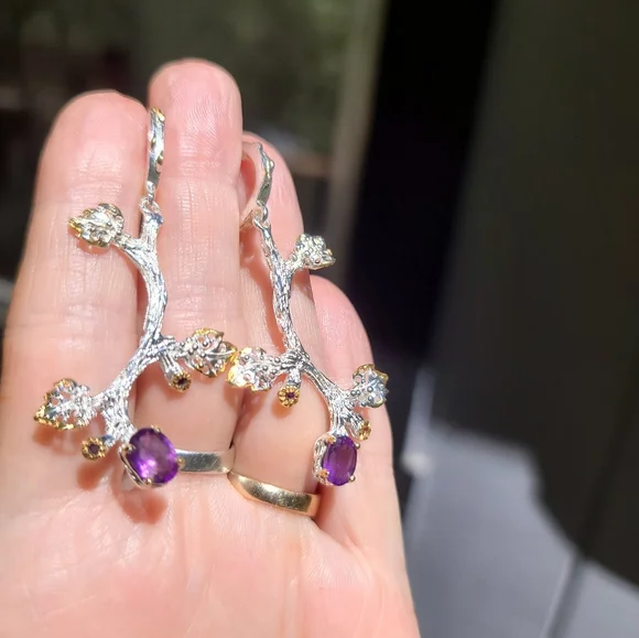 Amethyst & Sapphire floral sterling & gold dramatic earrings - Picture 5 of 6